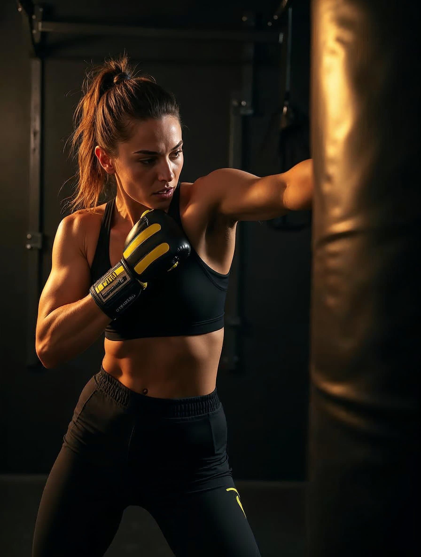 Woman training on heavy bag at Striking Studio