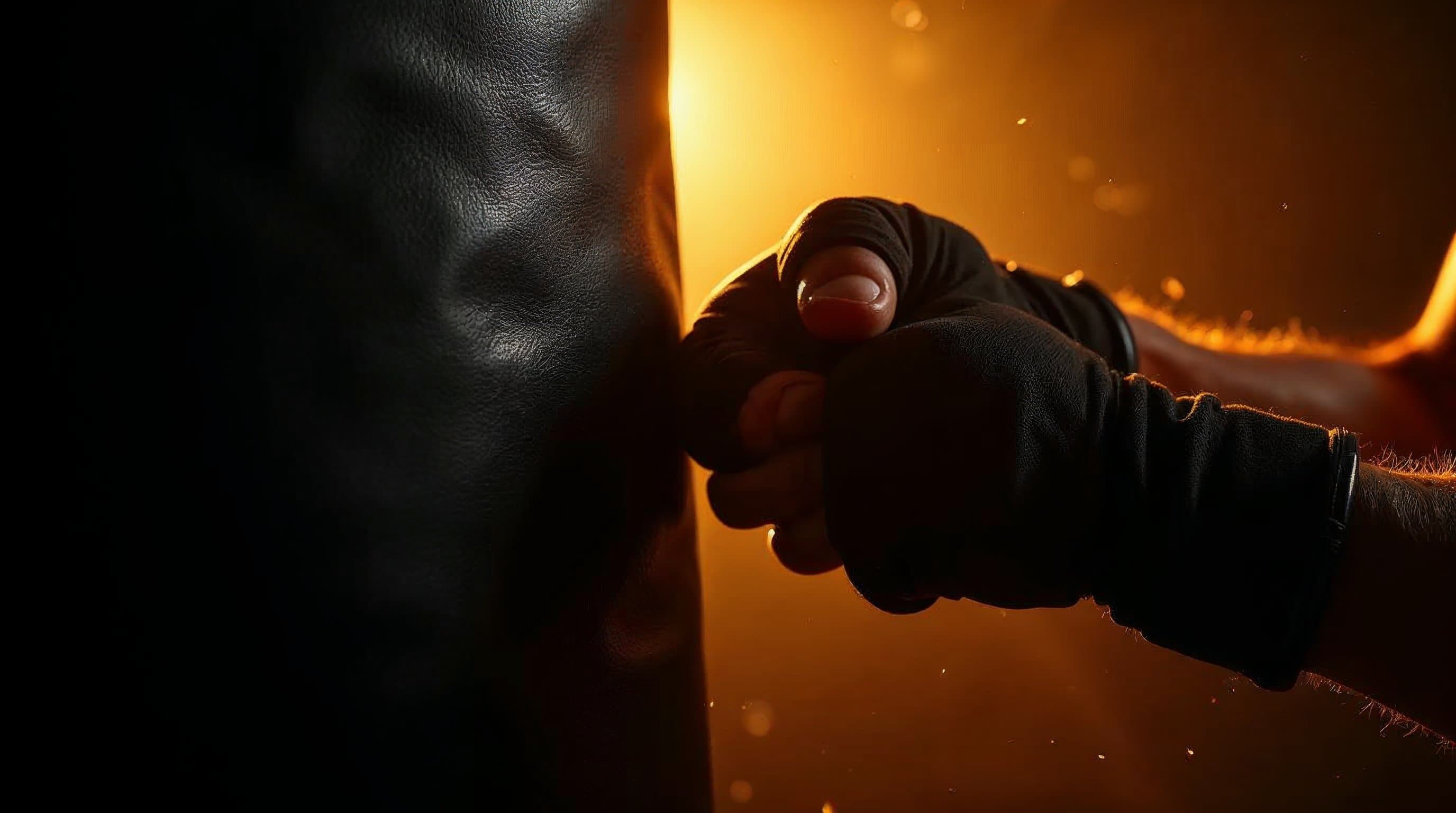 Boxing gloves hitting heavy bag at Striking Studio